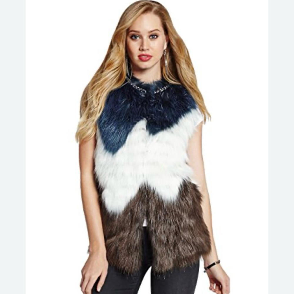Guess Fur Vest Chain Detail Color Block Shaggy Chic Indie Sneeze Boho‎ Sz XSmall